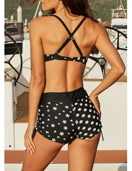 Criss Strap Polka Dot Print Drawstring Side Swimwear Set