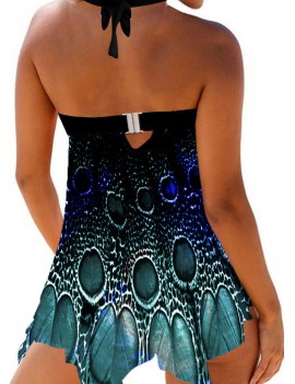 Halter Peacock Feather Print Swimdress and Panty