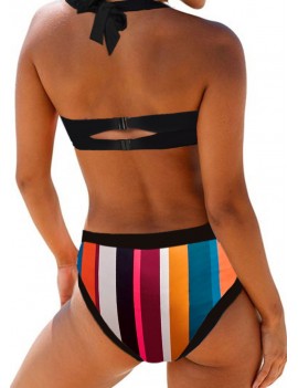 Halter Neck Printed Color Block Swimwear Set