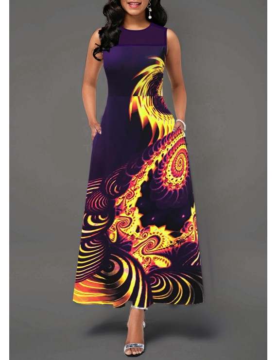 Mesh Patchwork Sleeveless Printed Maxi Dress