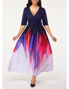 Gradient Plunging Neck Belted Half Sleeve Maxi Dress