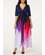 Gradient Plunging Neck Belted Half Sleeve Maxi Dress
