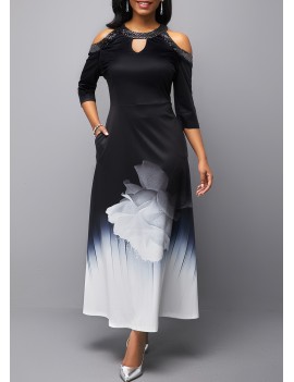 Cold Shoulder Keyhole Neckline Sequin Embellished Printed Maxi Dress