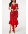 Off the Shoulder Sequin Embellished Wine Red Sheath Dress