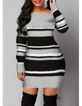 Long Sleeve Stripe Pattern Off the Shoulder Sweater Dress