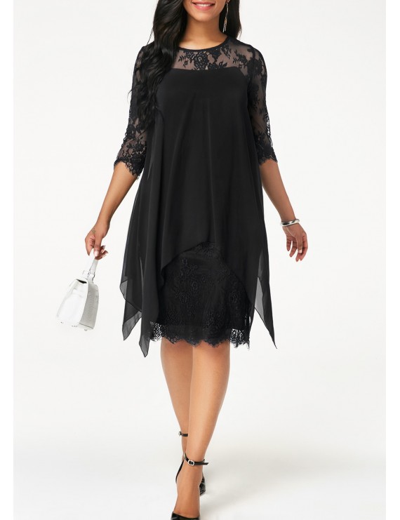 Chiffon Overlay Three Quarter Sleeve Black Lace Dress