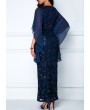 Sequin Embellished Chiffon Panel Navy Lace Maxi Dress