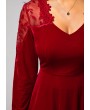 Wine Red Lace Panel Back Zipper Velvet Dress