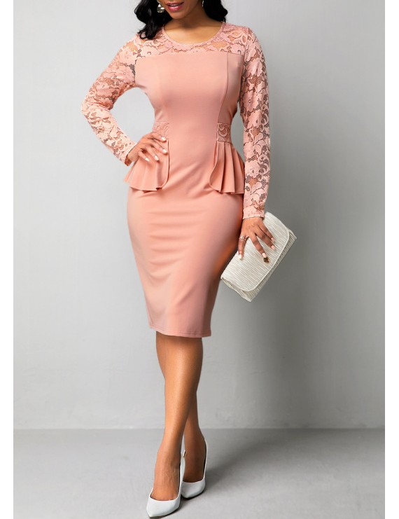 Lace Patchwork Round Neck Long Sleeve Dress