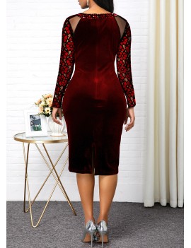 Sequin Detail Lace Sleeve Mesh Panel Velvet Dress