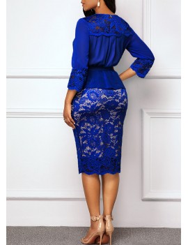 Royal Blue Belted Three Quarter Sleeve Lace Dress