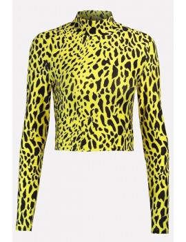 Yellow Leopard Mock Neck Long Sleeve Apparel Crop Top