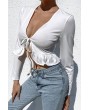 White Tied Ruffles Plunging Long Sleeve Apparel Crop Top
