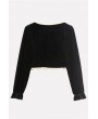 Black Lace Trim Chinese Buckle Square Neck Long Sleeve Casual Crop Top