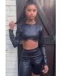 Black Faux Leather Crew Neck Long Sleeve Apparel Crop Top