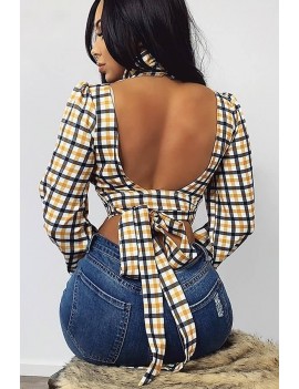 Yellow Gingham Open Back Tied High Collar Apparel Crop Top