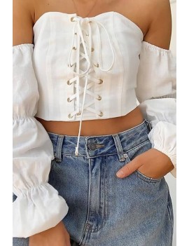 White Lace Up Off Shoulder Long Sleeve Apparel Crop Top