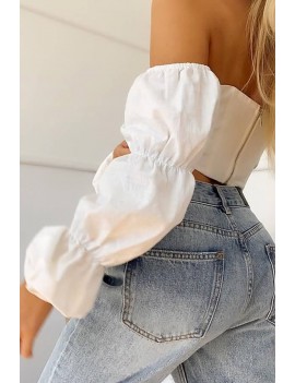 White Lace Up Off Shoulder Long Sleeve Apparel Crop Top