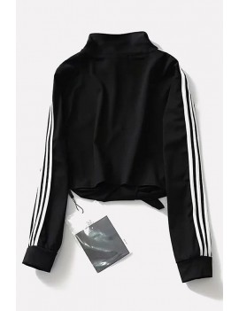 Black Stripe Side Knotted Zipper Up Long Sleeve Casual Crop Top
