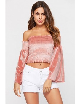 Pink Shirred Off Shoulder Long Sleeve Apparel Crop Top