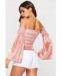 Pink Shirred Off Shoulder Long Sleeve Apparel Crop Top