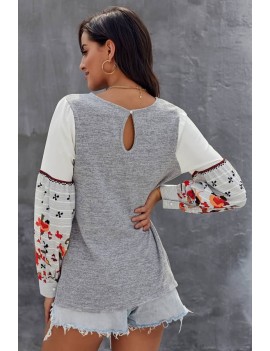 Light-gray Splicing Round Neck Long Sleeve Casual Sweatshirt