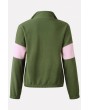 Army-green Two Tone Zipper Up Long Sleeve Casual Sweatshirt