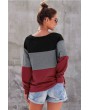 Dark-red Color Block Round Neck Casual Sweatshirt