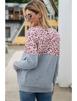 Red Leopard Pocket Round Neck Casual Sweatshirt
