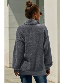 Dark-gray Faux Fur Zipper Up Pocket Casual Sweatshirt