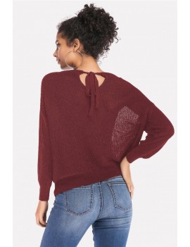 Dark-red Tied Cutout Long Sleeve Casual Sweater