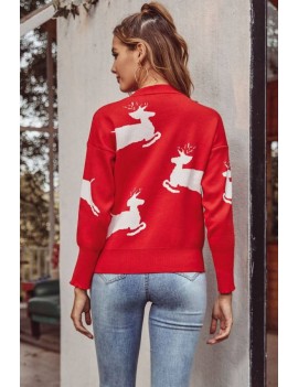 Red Christmas Elk Crew Neck Casual Sweater