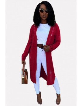 Dark-red Ripped Long Sleeve Casual Cardigan