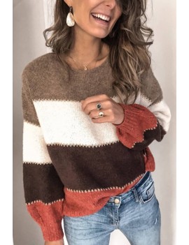 Color Block Round Neck Long Sleeve Chic Pullover