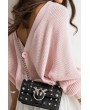 Pink V Back Button Decor Long Sleeve Chic Pullover