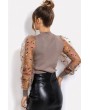 Brown Splicing Mesh Sequins Mock Neck Long Sleeve Chic Pullover