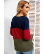 Army-green Color Block Knotted Round Neck Casual Sweater