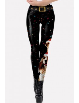 Black Dog Print Elastic Waist Christmas Skinny Leggings
