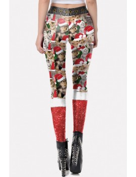 Multi Cat Print Elastic Waist Christmas Skinny Leggings