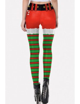 Multi Stripe 3d Print Elastic Waist Christmas Skinny Leggings