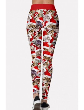 Red Cat Print Elastic Waist Christmas Leggings