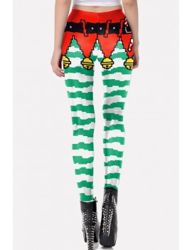 Green 3d Print Elastic Waist Christmas Skinny Leggings