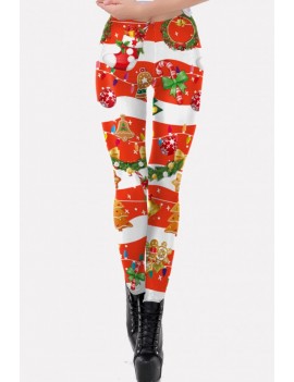 Multi Graphic Print Elastic Waist Christmas Skinny Leggings