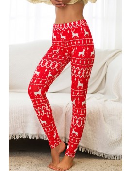 Red Reindeer Elastic Waist Christmas Skinny Leggings