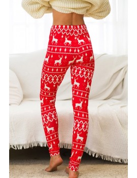 Red Reindeer Elastic Waist Christmas Skinny Leggings