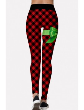 Black-red Plaid Print Elastic Waist Christmas Skinny Leggings