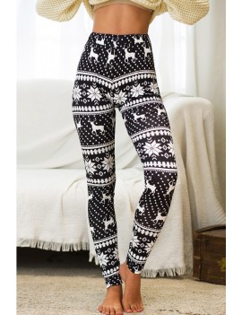 Black-white Reindeer Elastic Waist Christmas Skinny Leggings