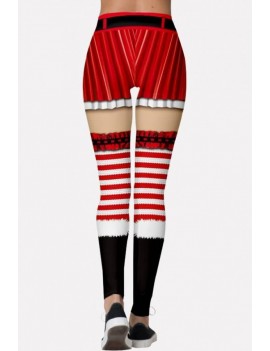 Red Stripe 3d Print Elastic Waist Christmas Leggings
