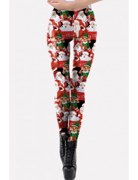 Multi Santa Claus Print Elastic Waist Christmas Skinny Leggings