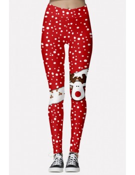 Red Reindeer Print Elastic Waist Christmas Leggings
